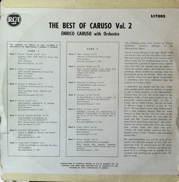 Enrico Caruso The Best Of Caruso Vol. 2 Vinyl LP Discrepancy Records